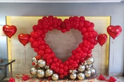 Info1kg Red Rose petals decor on bed Info1 White net curtains Info1 White warm fairy light Info50 Red heart pastel balloon decor on ceiling InfoRibbon's